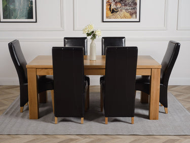 Dakota Large Oak Dining Table with 6 Lola Black Leather Chairs
