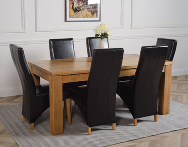 Dakota Large Oak Dining Table with 6 Lola Black Leather Chairs