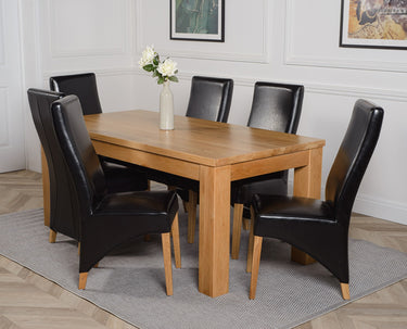 Dakota Large Oak Dining Table with 6 Lola Black Leather Chairs