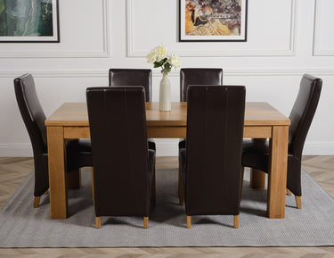 Dakota Large Oak Dining Table with 6 Lola Brown Leather Chairs
