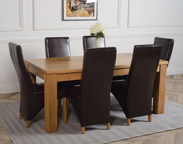 Dakota Large Oak Dining Table with 6 Lola Brown Leather Chairs