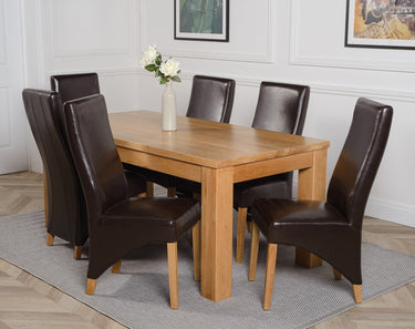 Dakota Large Oak Dining Table with 6 Lola Brown Leather Chairs