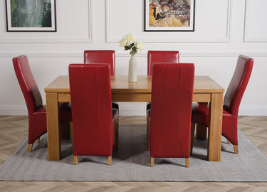Dakota Large Oak Dining Table with 6 Lola Burgundy Leather Chairs