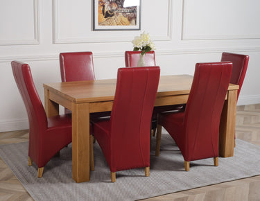 Dakota Large Oak Dining Table with 6 Lola Burgundy Leather Chairs