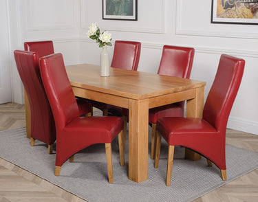 Dakota Large Oak Dining Table with 6 Lola Burgundy Leather Chairs