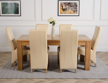 Dakota Large Oak Dining Table with 6 Lola Ivory Leather Chairs