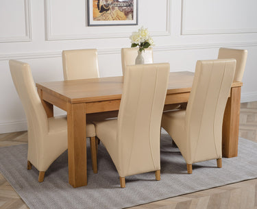 Dakota Large Oak Dining Table with 6 Lola Ivory Leather Chairs