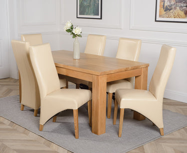 Dakota Large Oak Dining Table with 6 Lola Ivory Leather Chairs
