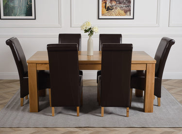 Dakota Large Oak Dining Table with 6 Montana Brown Leather Chairs
