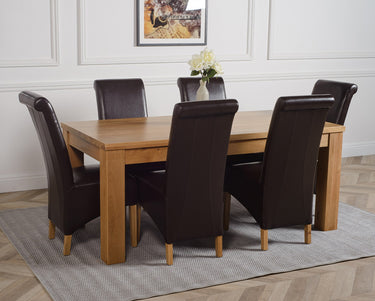 Dakota Large Oak Dining Table with 6 Montana Brown Leather Chairs