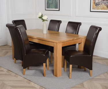 Dakota Large Oak Dining Table with 6 Montana Brown Leather Chairs