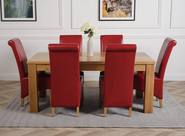 Dakota Large Oak Dining Table with 6 Montana Burgundy Leather Chairs