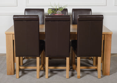 Dakota Large Oak Dining Table with 6 Washington Brown Leather Chairs
