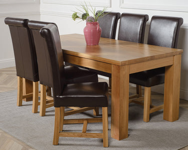 Dakota Large Oak Dining Table with 6 Washington Brown Leather Chairs