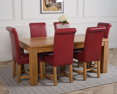 Dakota Large Oak Dining Table with 6 Washington Burgundy Leather Chairs