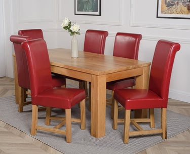 Dakota Large Oak Dining Table with 6 Washington Burgundy Leather Chairs