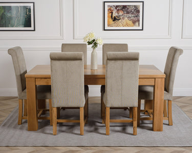 Dakota Large Oak Dining Table with 6 Washington Grey Fabric Chairs