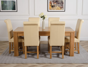 Dakota Large Oak Dining Table with 6 Washington Ivory Leather Chairs
