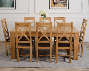 Dakota Large Oak Dining Table with 8 Berkeley Oak & Brown Leather Chairs