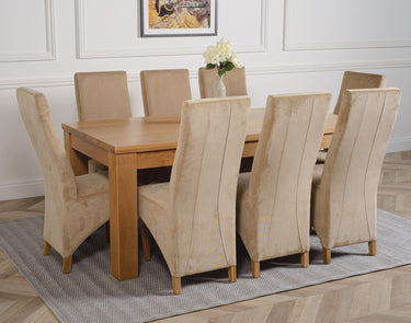 Dakota Large Oak Dining Table with 8 Lola Beige Fabric Chairs