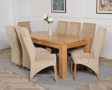 Dakota Large Oak Dining Table with 8 Lola Beige Fabric Chairs