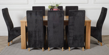 Dakota Large Oak Dining Table with 8 Lola Black Fabric Chairs