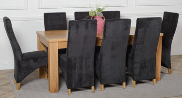 Dakota Large Oak Dining Table with 8 Lola Black Fabric Chairs