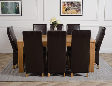 Dakota Large Oak Dining Table with 8 Lola Brown Leather Chairs