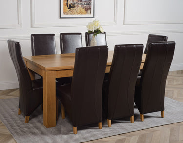 Dakota Large Oak Dining Table with 8 Lola Brown Leather Chairs