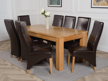 Dakota Large Oak Dining Table with 8 Lola Brown Leather Chairs