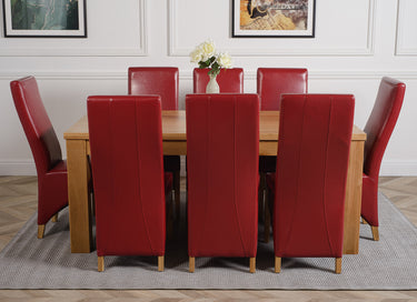 Dakota Large Oak Dining Table with 8 Lola Burgundy Leather Chairs