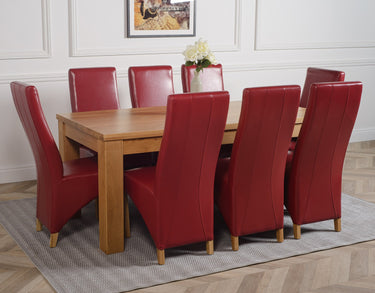 Dakota Large Oak Dining Table with 8 Lola Burgundy Leather Chairs