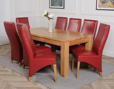 Dakota Large Oak Dining Table with 8 Lola Burgundy Leather Chairs