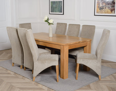 Dakota Large Oak Dining Table with 8 Lola Grey Fabric Chairs