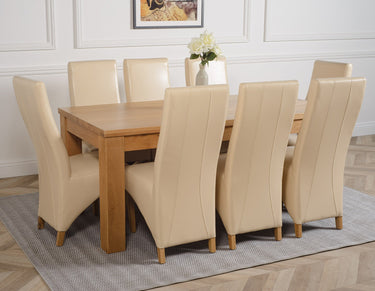 Dakota Large Oak Dining Table with 8 Lola Ivory Leather Chairs