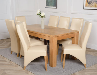Dakota Large Oak Dining Table with 8 Lola Ivory Leather Chairs