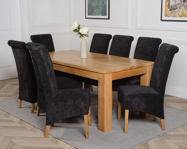 Dakota Large Oak Dining Table with 8 Montana Black Fabric Chairs