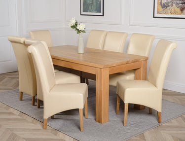 Dakota Large Oak Dining Table with 8 Montana Ivory Leather Chairs