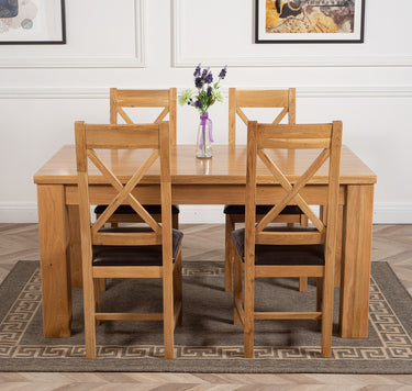 Dakota Medium Oak Dining Table with 4 Berkeley Oak & Brown Leather Chairs