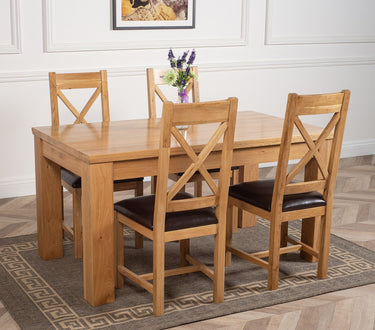 Dakota Medium Oak Dining Table with 4 Berkeley Oak & Brown Leather Chairs