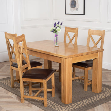 Dakota Medium Oak Dining Table with 4 Berkeley Oak & Brown Leather Chairs