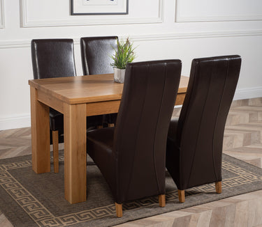 Dakota Medium Oak Dining Table with 4 Lola Brown Leather Chairs