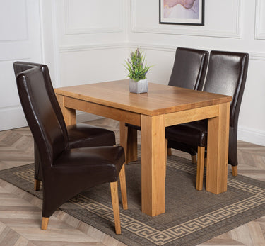 Dakota Medium Oak Dining Table with 4 Lola Brown Leather Chairs