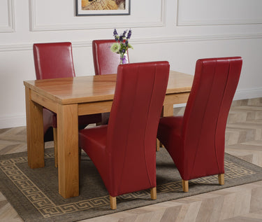 Dakota Medium Oak Dining Table with 4 Lola Burgundy Leather Chairs