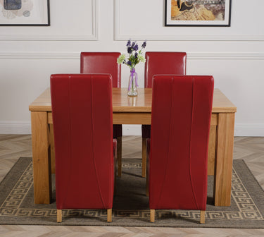 Dakota Medium Oak Dining Table with 4 Lola Burgundy Leather Chairs
