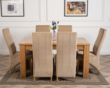 Dakota Medium Oak Dining Table with 6 Lola Beige Fabric Chairs
