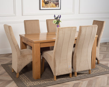 Dakota Medium Oak Dining Table with 6 Lola Beige Fabric Chairs