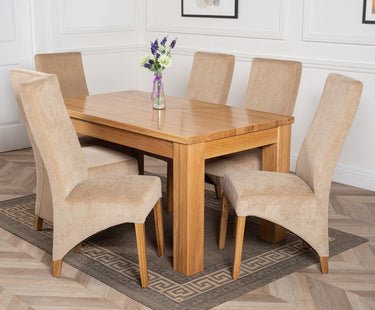 Dakota Medium Oak Dining Table with 6 Lola Beige Fabric Chairs