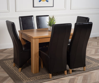 Dakota Medium Oak Dining Table with 6 Lola Black Leather Chairs