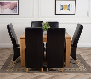 Dakota Medium Oak Dining Table with 6 Lola Black Leather Chairs